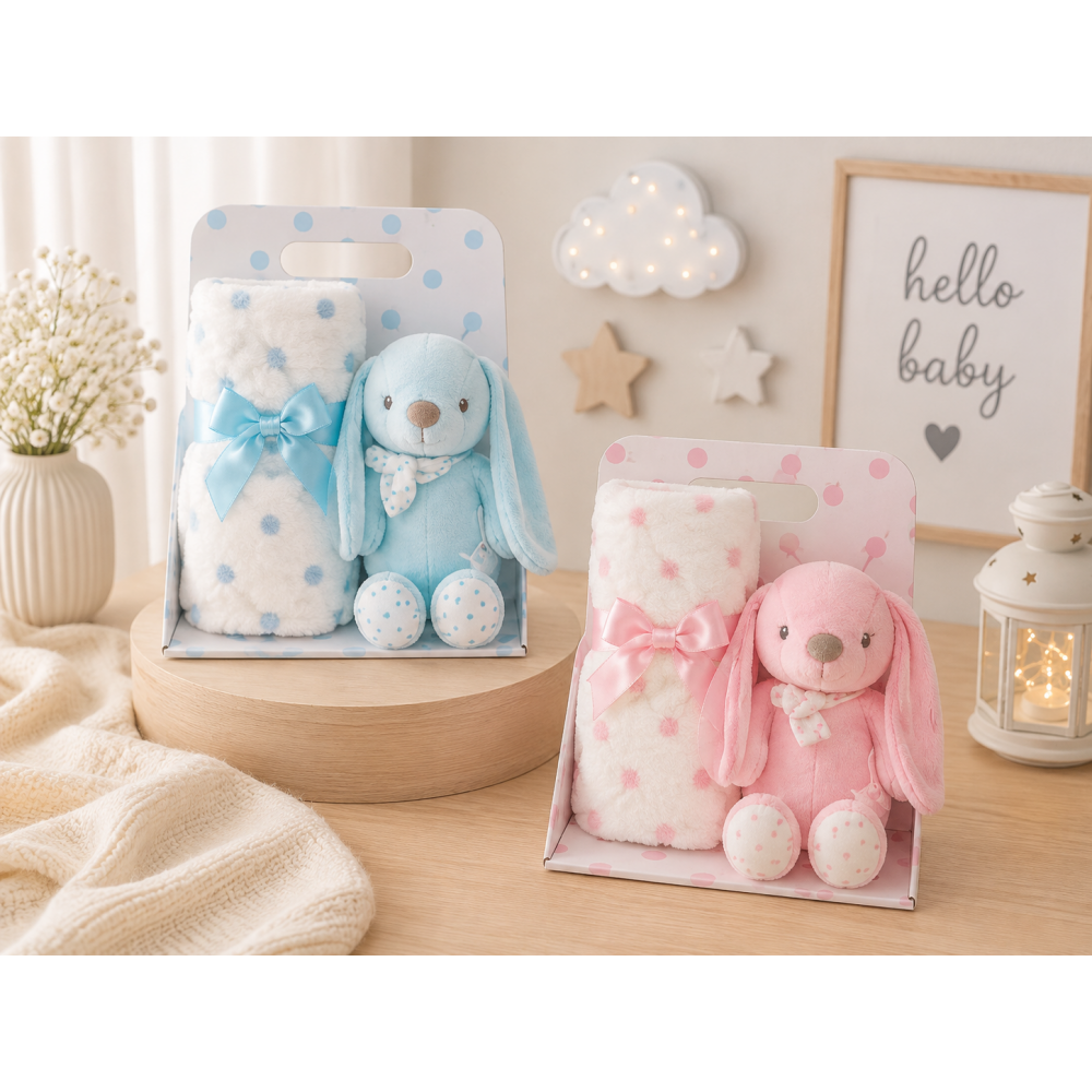 Σετ Baby Δώρου Λούτρινο Κουνελάκι 30cm & Κουβερτούλα 90x75cm ΔΩΡΑΚΙΑ